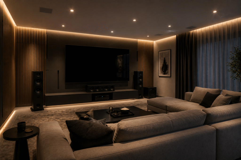 Sala de cinema residencial de alto padrão, com projeção, caixas torre e sofás confortáveis